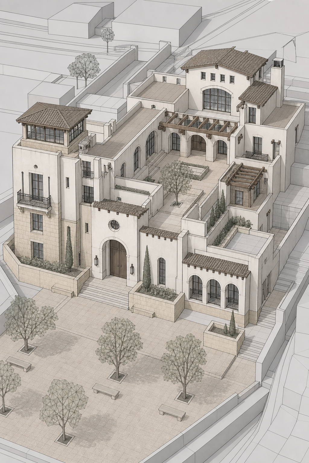 Rhino model screenshot of courtyard estate home before photo-realism rendering
