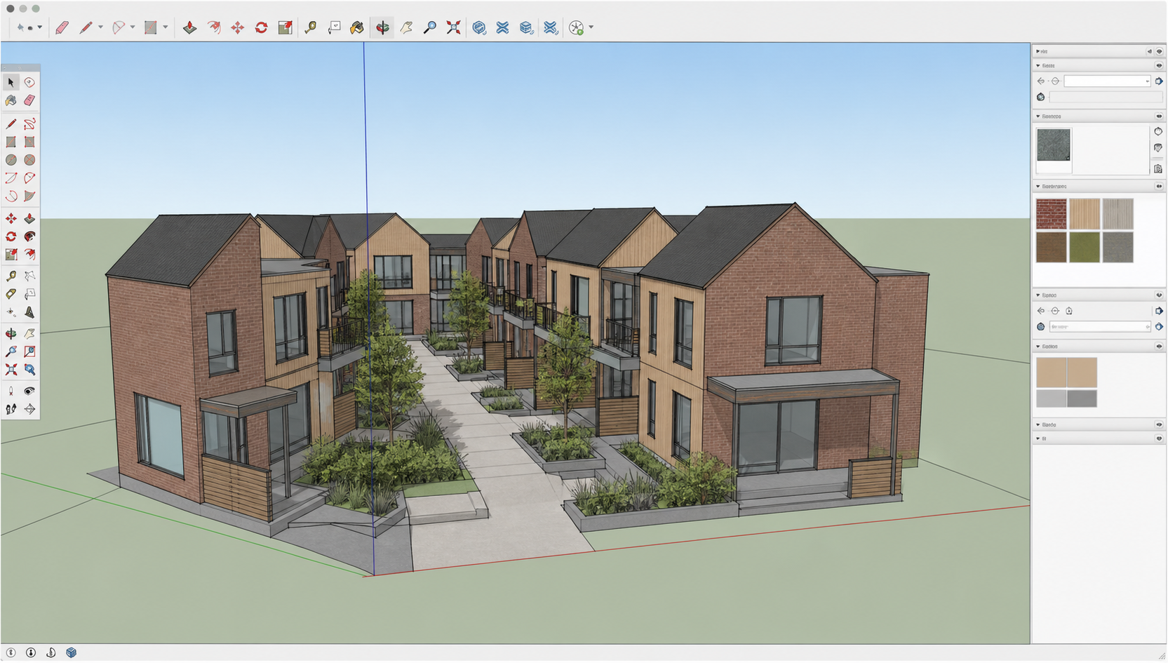 SketchUp model screenshot of courtyard townhomes before photo-realism rendering