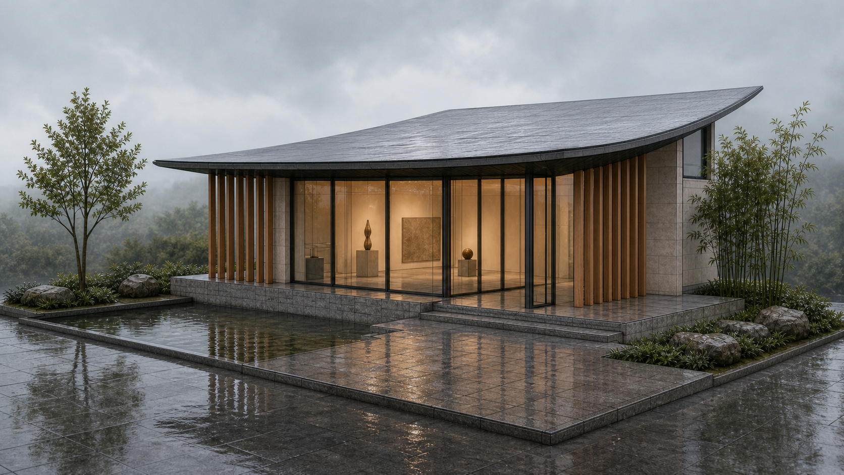 Photo-realistic AI render of garden gallery pavilion made from a Rhino model