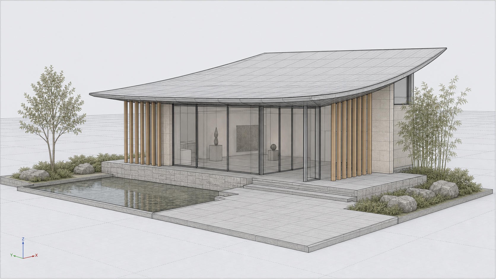 Rhino model screenshot of garden gallery pavilion before photo-realism rendering