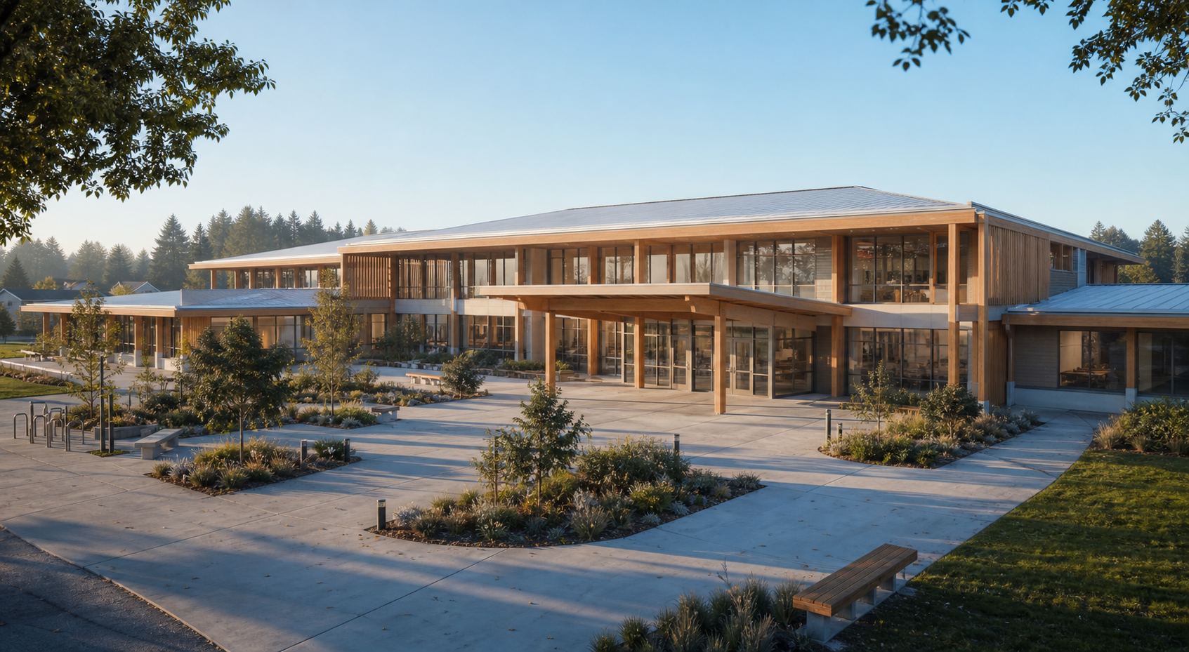 Photo-realistic AI render of mass timber school made from a Revit model