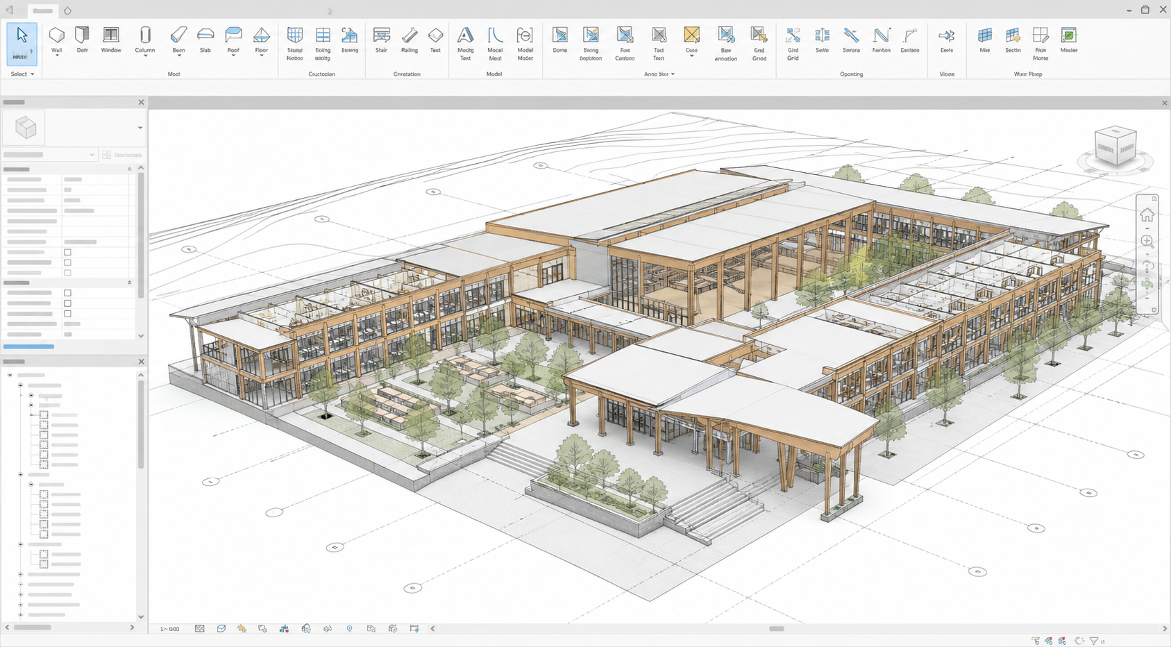 Revit model screenshot of mass timber school before photo-realism rendering