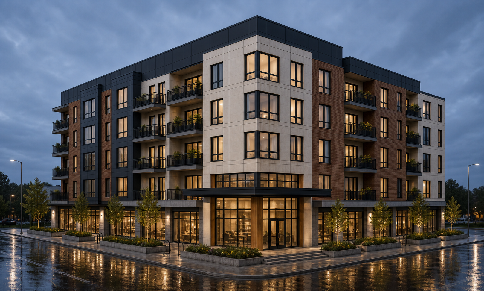 Photo-realistic AI render of mixed-use apartment block made from a Revit model