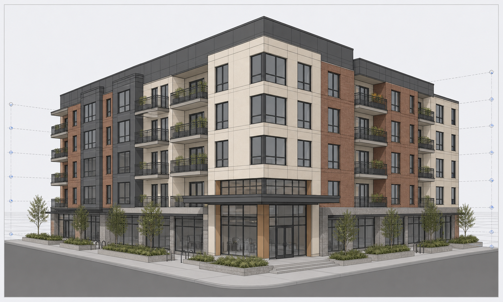 Revit model screenshot of mixed-use apartment block before photo-realism rendering