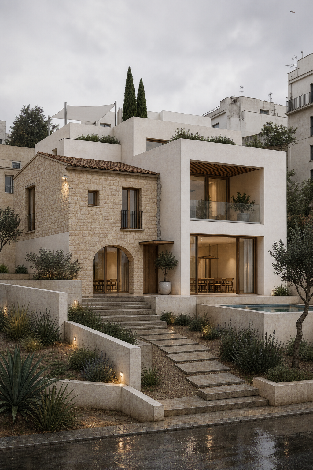 Photo-realistic AI render of modern mediterranean residence made from a SketchUp model