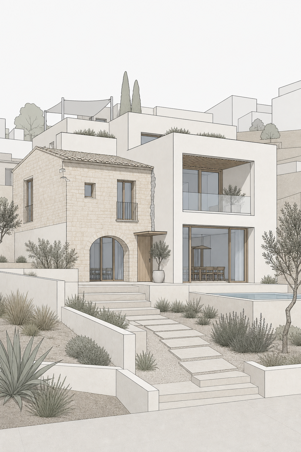 SketchUp model screenshot of modern mediterranean residence before photo-realism rendering