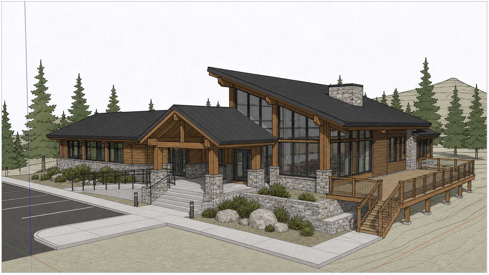 SketchUp model screenshot of mountain visitor center before photo-realism rendering