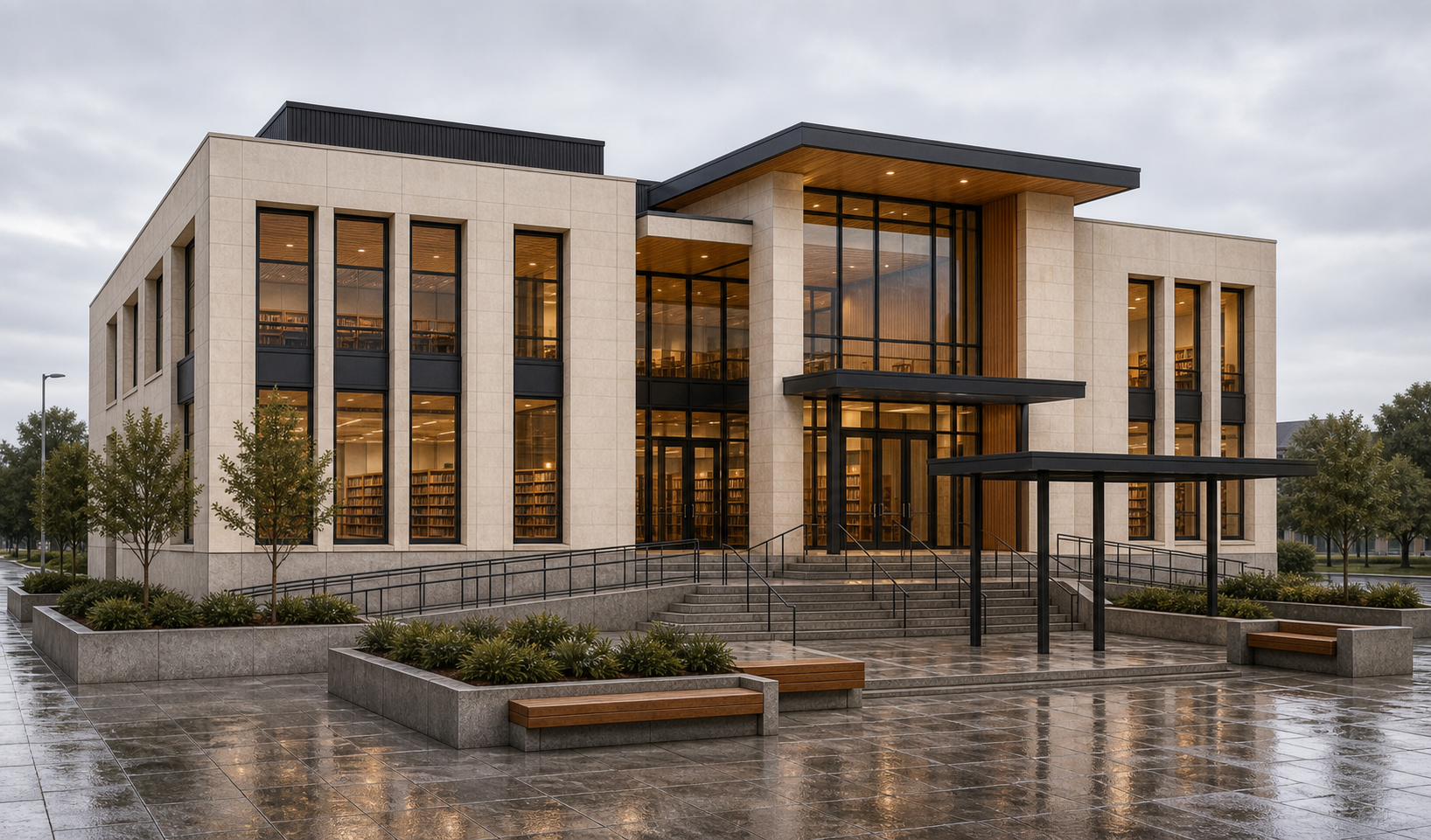 Photo-realistic AI render of public library facade made from a Revit model