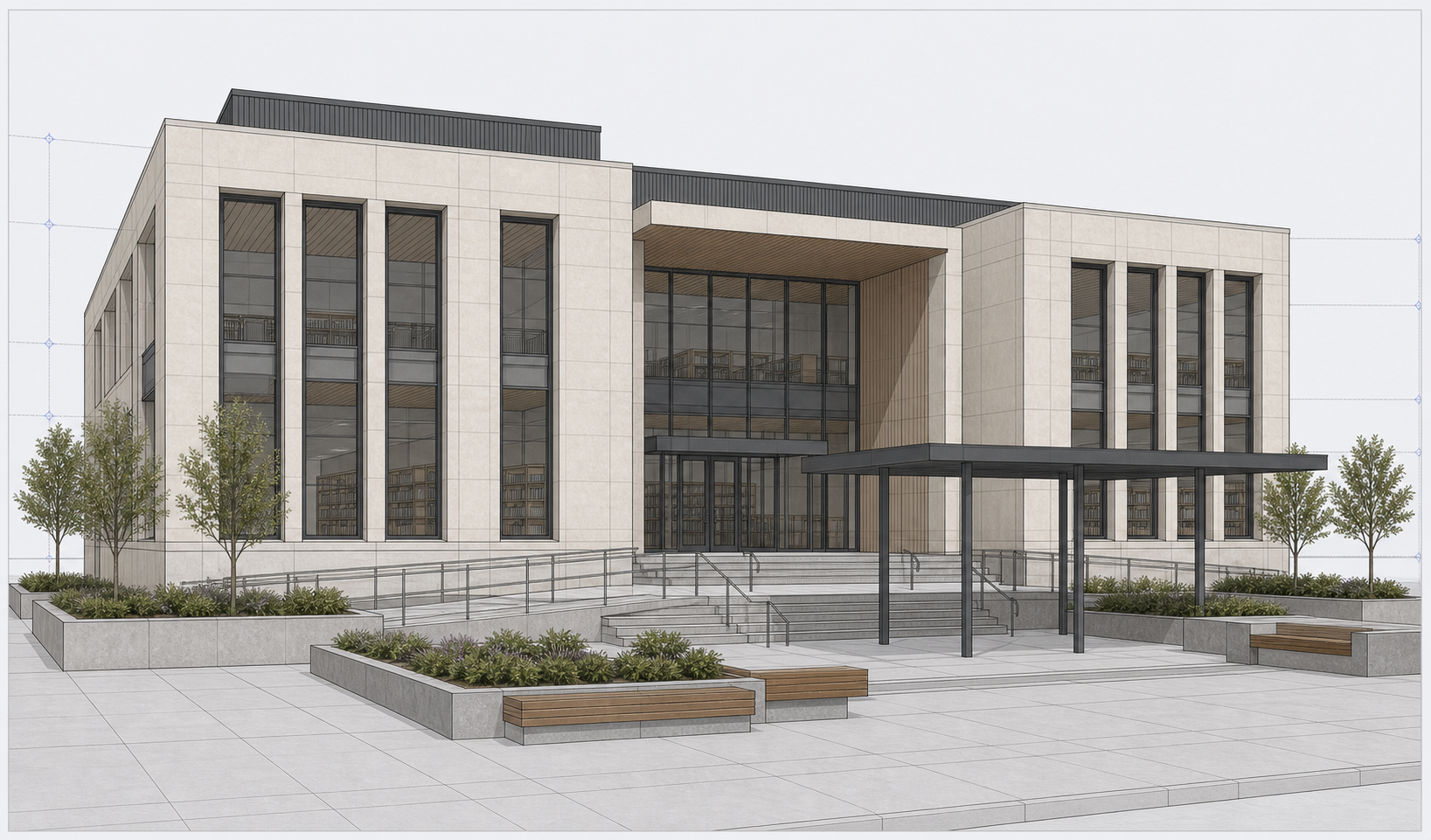 Revit model screenshot of public library facade before photo-realism rendering
