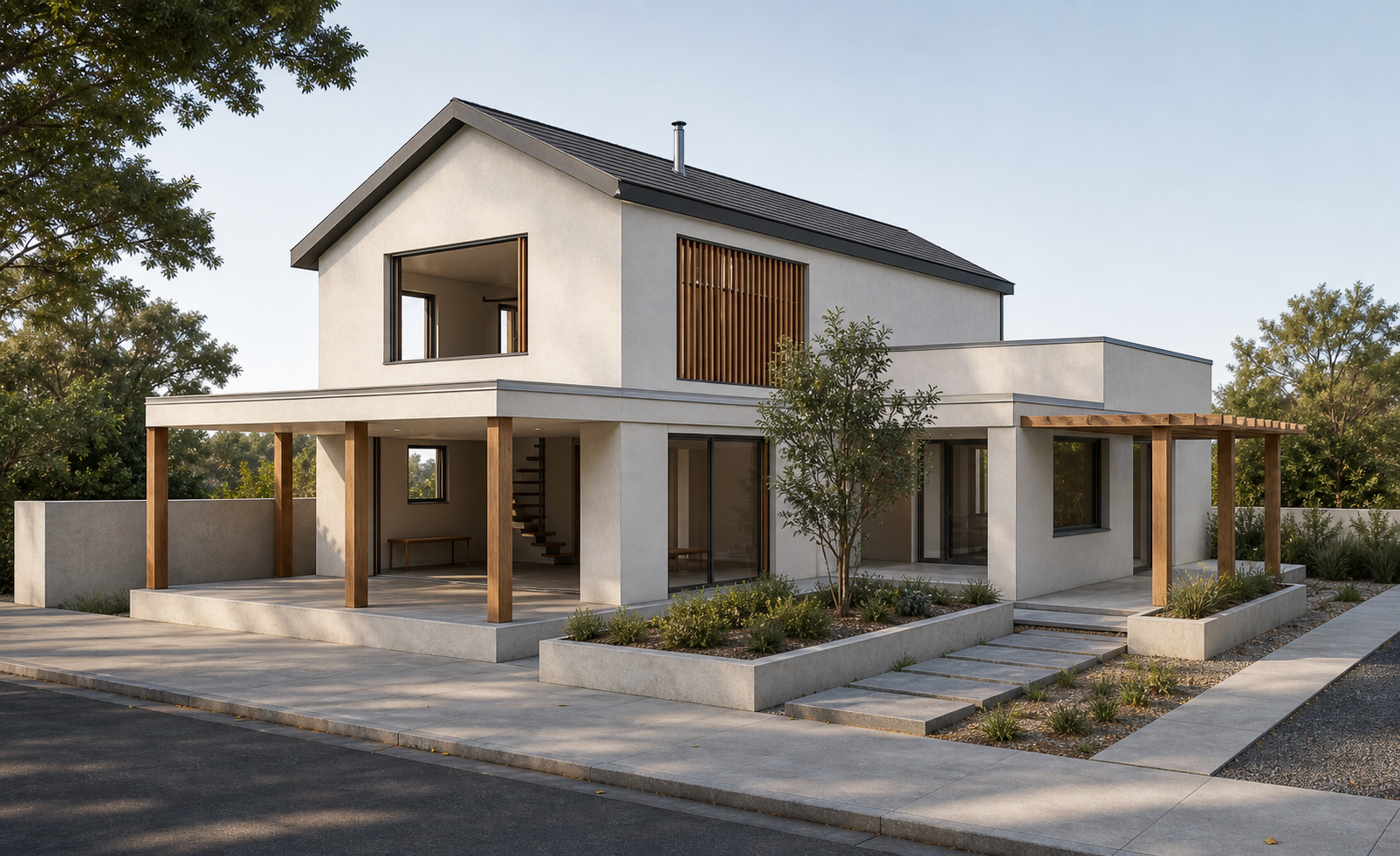 Photo-realistic AI render of a sustainable single-family house made from a Revit model
