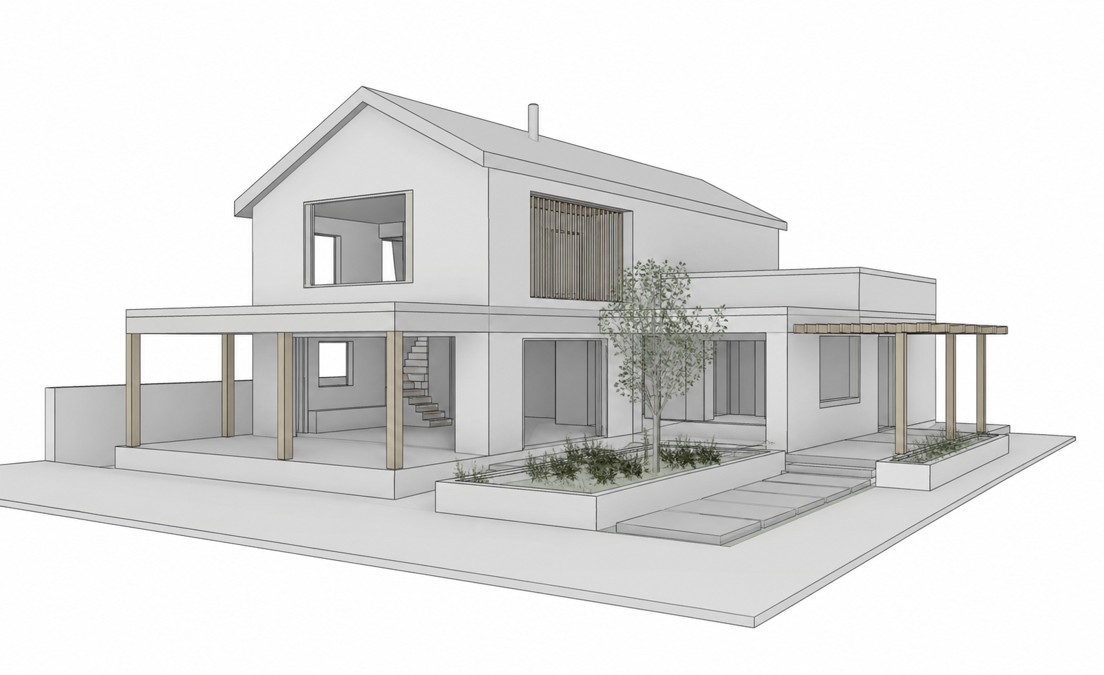 Revit model screenshot of a sustainable single-family house before photo-realism rendering