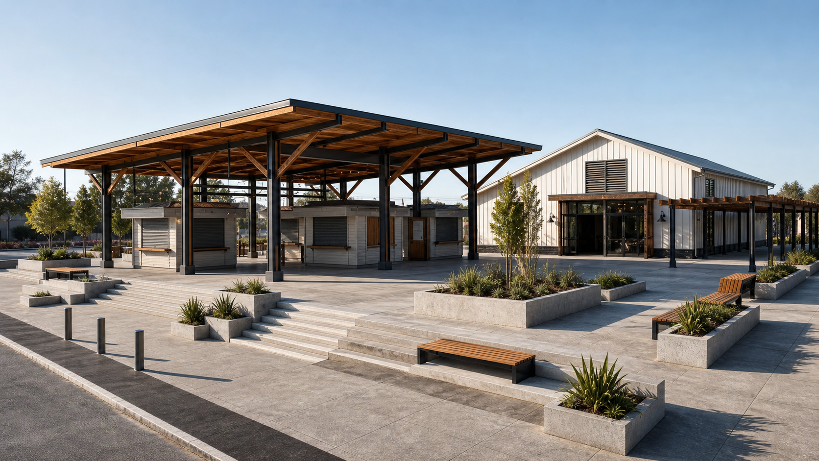 Photo-realistic AI render of a public market pavilion made from a SketchUp model
