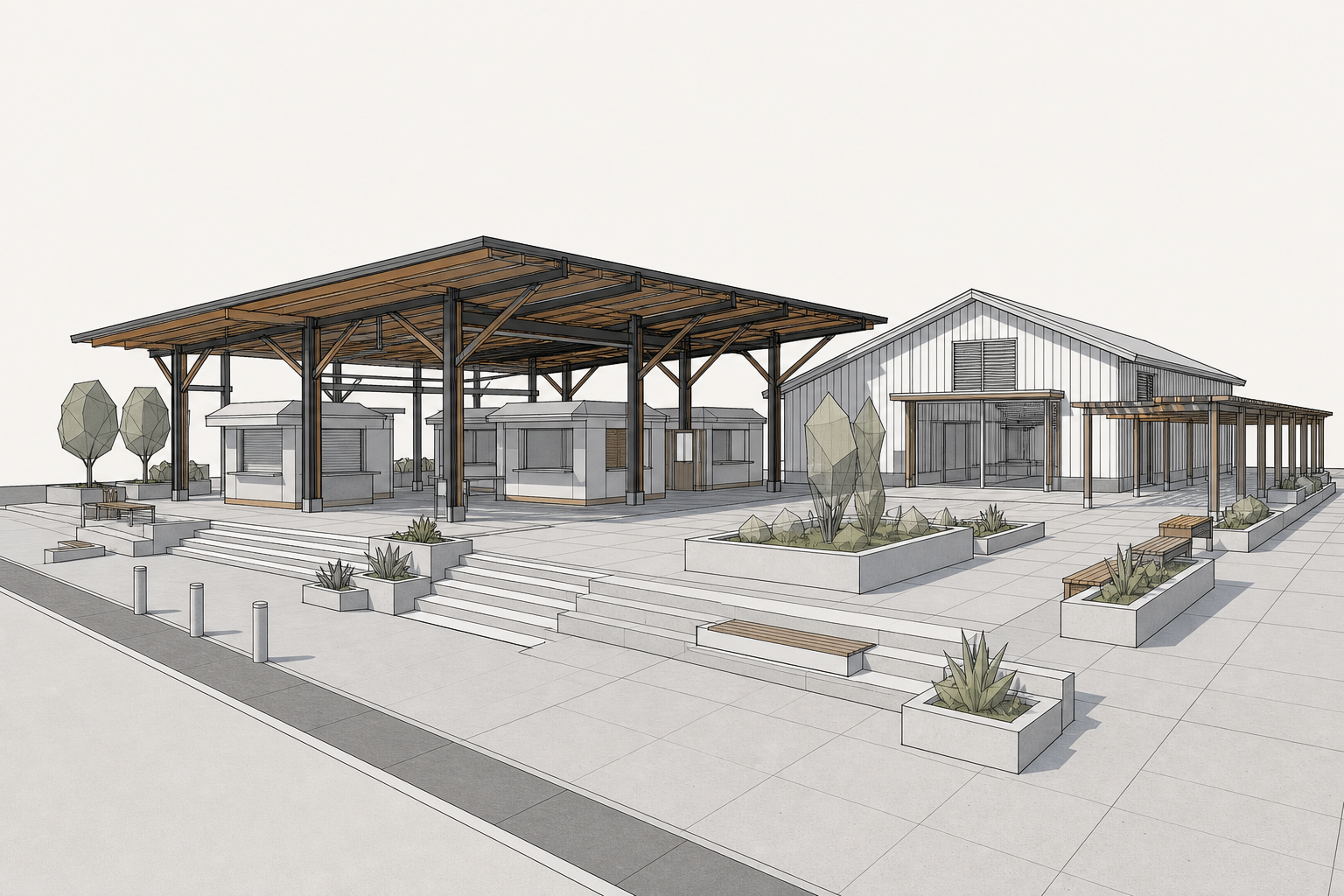 SketchUp model screenshot of a public market pavilion before photo-realism rendering