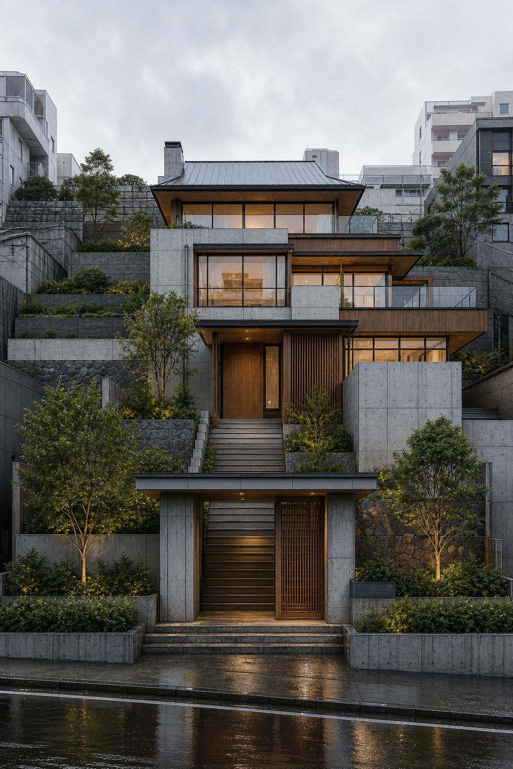 Photo-realistic AI render of terraced hillside home made from a Rhino model