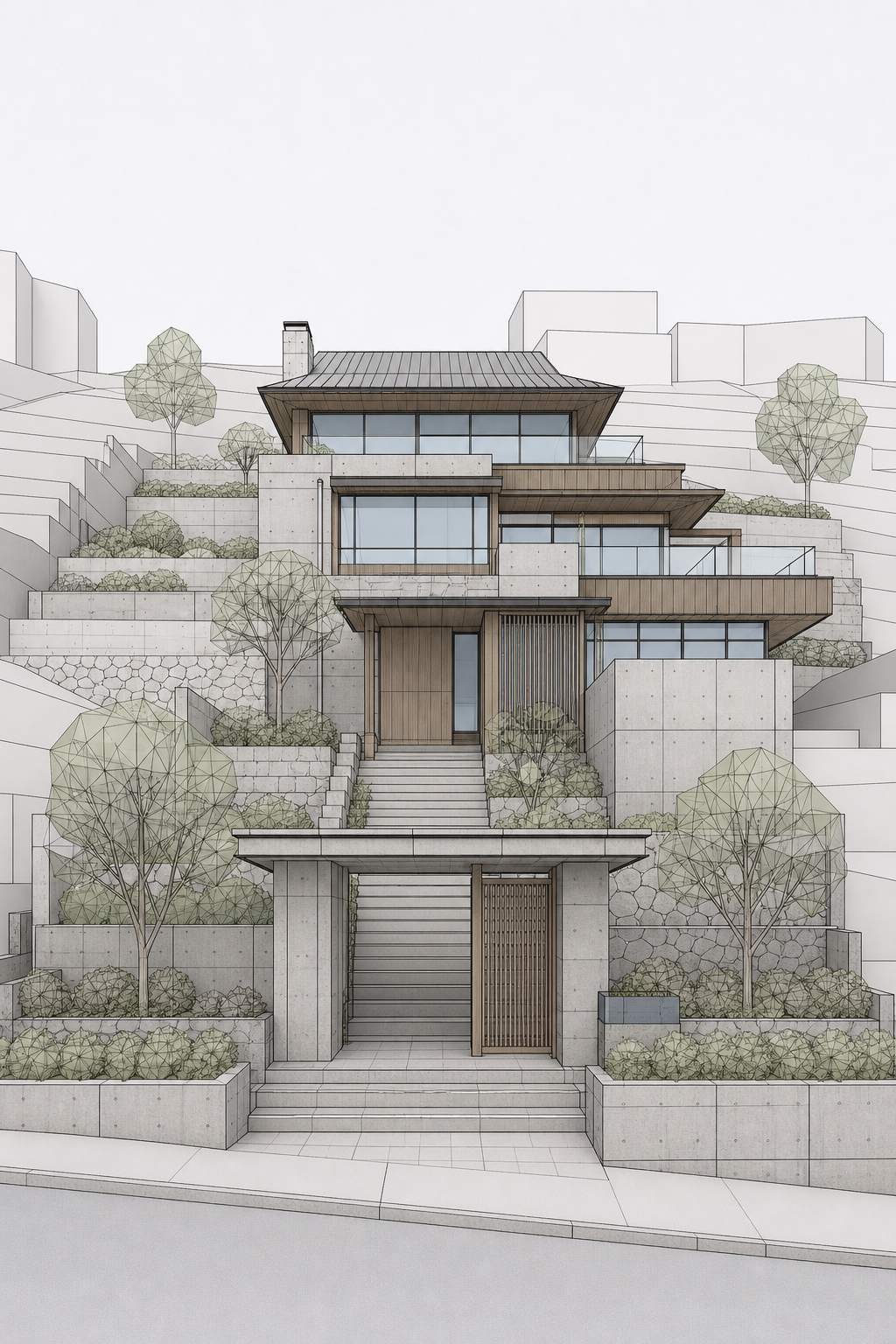 Rhino model screenshot of terraced hillside home before photo-realism rendering