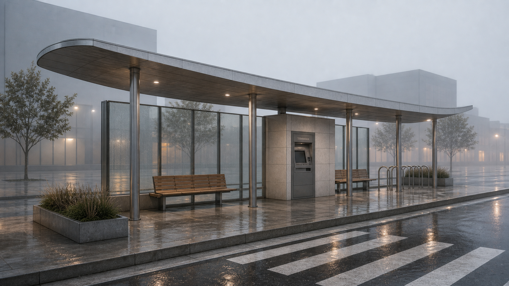 Photo-realistic AI render of urban transit pavilion made from a Rhino model