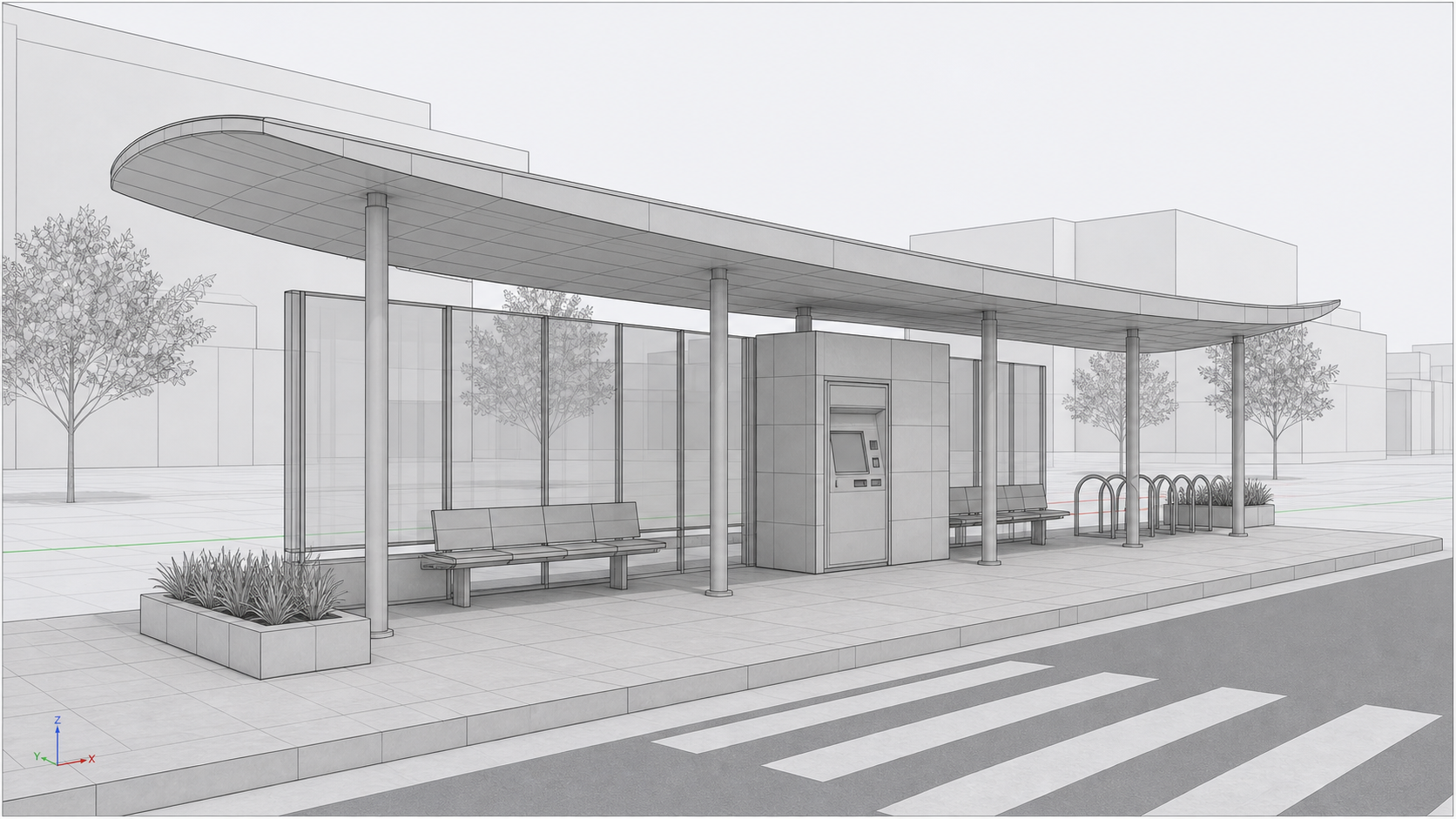 Rhino model screenshot of urban transit pavilion before photo-realism rendering