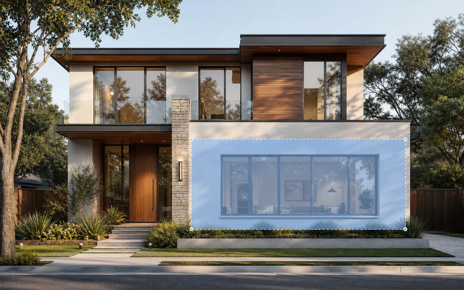 Selected area in an architectural render before inpainting
