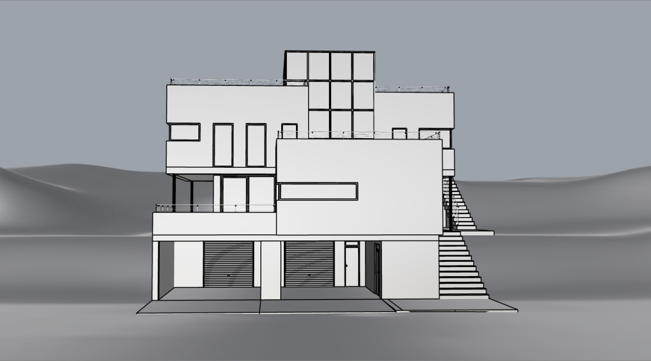 New architectural model view before applying a saved Rendervi preset